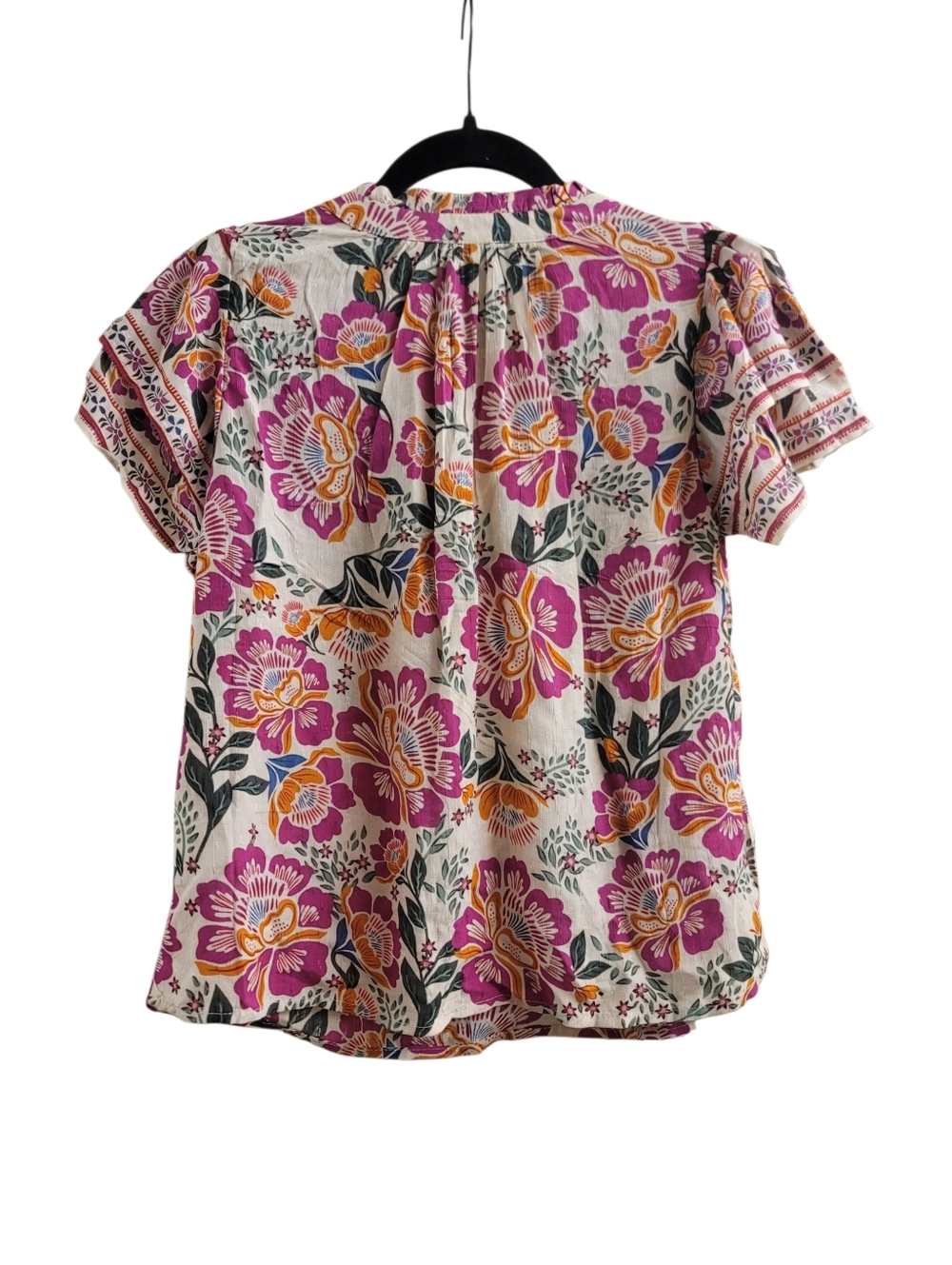 EUC Artlier Nicole Miller Tropical Floral Ruffle-Sleeve Blouse - Pink Multi - Picture 4 of 7